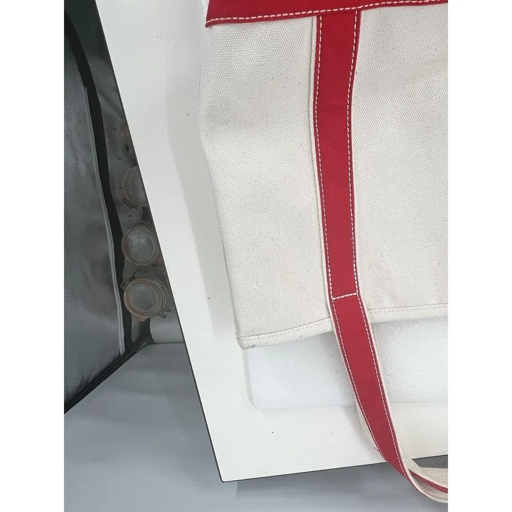 Lands End Open Top Med Natural Canvas Tote Red Trim EUC